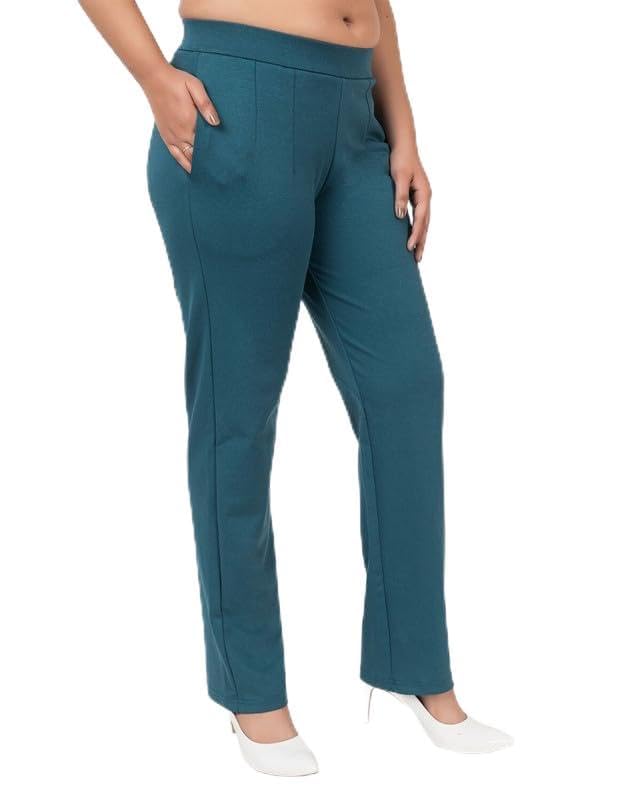 Women’s Straight Fit Cigarette Pencil Pants with Elastic Waist Band – Mid High Waist Office Trousers – Travel Pockets, Stretch Cotton Knit, Regular/Plus Size