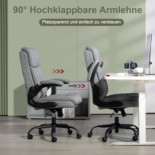 CASTLOVE Ergonomischer Bürostuhl - Schreibtischstuhl mit Rückenlehne - Hochklappbare Armlehne - Hohe Rückenlehne - Höhenverstellbar - Wippfunktion (Bürostuhl Stoff Grau Max. 150 kg)