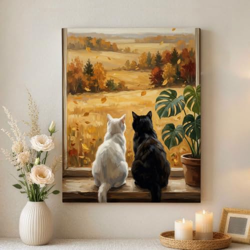 Lienzo de gatos y ventana otoñal que llena de calidez y paz el dormitorio de los amantes de felinos
