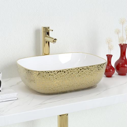 J-Family JFBS100 18.3'' X 13'' Bathroom Vessel Sink Leopard Texture Gold Ceramic Sink Bowl Above Counter Vanity Sink Bathroom Artistic Wash Basin cover