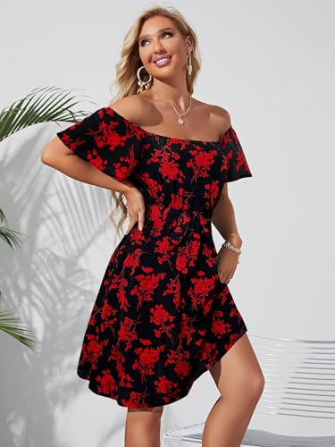 Image of Off Shoulder Ruffle Dress for Women, A-Line Mini Dress with Belt, Fitted Bust Summer Wedding Guest Dress