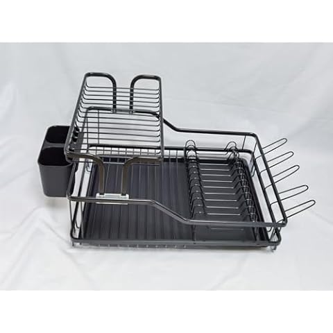 JMSUPNB Dish Drying Rack for Kitchen Counter, Aluminum Alloy Rustproof Kitchen Dish Drying Rack with Drainboard, Multifunctional Dish Rack, Space-Saving 2-Tier Dish Drying Rack, Black Cover