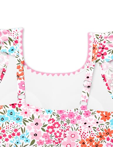 Image of Girls Swimsuit Ruffled Square Neck Color Contrast Trim One Piece Bathing Suit Geometric Girls' Swimwear 9-16Y