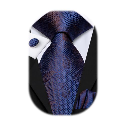 Image of Hi-Tie Paisley Floral Ties Set for Men Silk Mens Stripes Necktie Pocket Square Cufflinks Set Formal Business