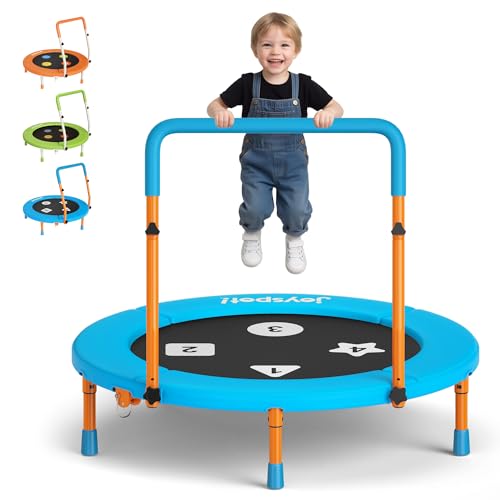 Trampolin Kinder Indoor, Ø 91cm Faltbare Fitness Trampolin mit Haltegriff, Mini Kindertrampolin Max 45 kg, geräuscharme Sprungmatte, sicher & stabil, Gartentrampolin Outdoor für Kleinkind 3-8 Jahre