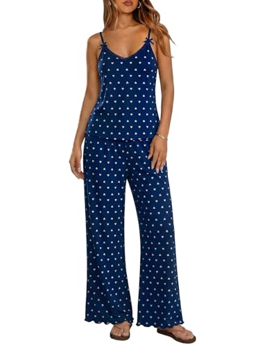 Image of Ekouaer Womens Y2K Cami Pajama Set with Flare Pants, 2 Piece Lace Trim Sleepwear Spaghetti Strap Pjs Set XS-2XL