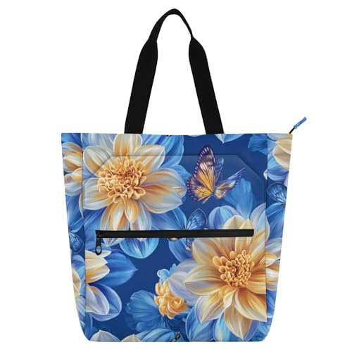 Bolsa de mano para niños con flores azules y amarillas y múltiples bolsillos con cremallera