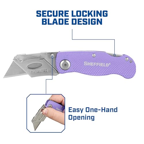 Image of Sheffield Lock Back Utility Knife 3 Pack with 10 Utility Knife Blades | Box Cutter with Aluminum Texture Grip Handle, Features Pocket Clip, Patented Quick Change Utility Blade Mechanism