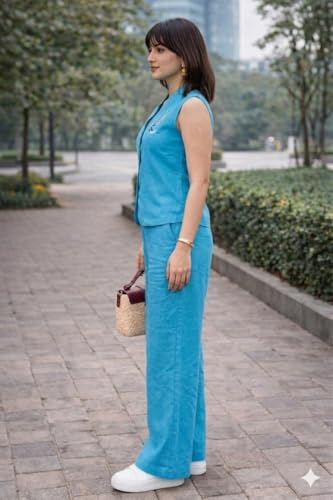 Image of Lyssa Yellow Ember Embroidered Co-Ord Set for Women, Sleeveless Vest with Wide-Leg Trousers