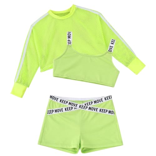 Miutii Conjunto de ropa de hip hop para niña, camiseta deportiva + sujetador deportivo + pantalones cortos para niños, ropa de baile de jazz, Aa Fluorescent Verde, 110 cm-116 cm
