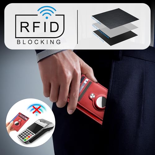 Image of Hawanik Slim Minimalist Front Pocket AirTag Wallet, RFID Blocking Card Holder with AirTag Holder, Red, Minimalist
