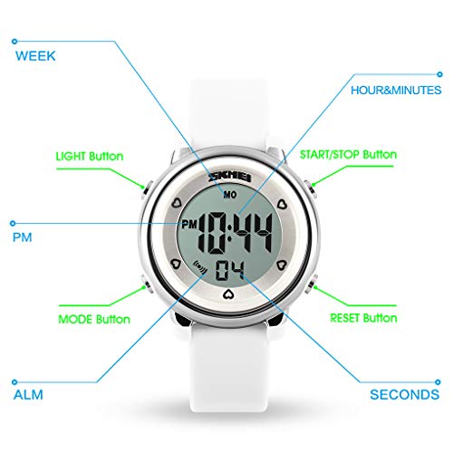 Skmei Kids Digital Watch, Waterproof Boys Girls Colorful LED Light Watches Childern Wristwatches with Stopwatch (White)