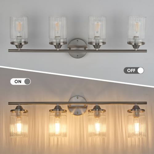 Image of Jonsi Nickel Bathroom Light Fixtures 4-Light Vanity Lights Modern Wall Sconce with Clear Glass Shade Brushed Nickel Bathroom Light Fixture Over Mirror for Bedroom Hallway Kitchen