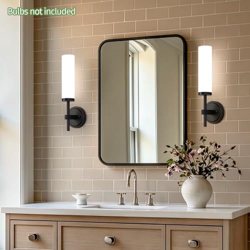 Image of MOKATNG [Hardwired] Wall Sconces Set of Two, Matte Black Bathroom Sconces with Milky White Glass, Modern Wall Light Fixtures for Bathroom Mirror Vanity, Living Room, Hallway, Stairway, Cabinet, Foyer