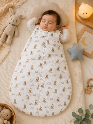 Image of TuddyBuddy Baby Cotton Wearable Quilted Sleeping Bag Blanket 1.5 Tog with 1 Way Zipper Closure | Ideal for Babies & Kids Hypoallergenic Fabrics | (Teddy AOP - Ribbed White, 12-18 Months)
