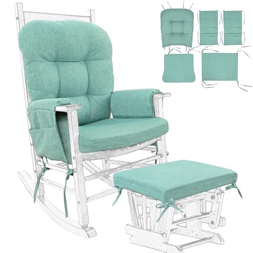 BUYUE Glider Rocker Replacement Cushion 5 PCS with Ties, Linen High-Density Foam Non-Slip & Washable Rocking Chair Pads for Sitting, Light Green
