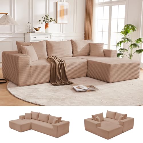 Image of Mangodan 110 inch Cloud Sectional Couch, Boneless Sofa for Living Room, Modular Sectional Sofa with Deep Seat, Comfy Fluffy Couch with L-Shaped Chaise, No Assembly Required (Right-Facing Chaise, Camel)