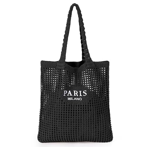 Image of Ayieyill Crochet Tote Bag For Women, Crochet Mesh Beach Tote Bag Summer Vacation Aesthetic Boho Knit Bag for Women