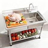 Heavy Stainless Steel Utility Sink Workbench, 40''W Outdoor Sink with Tool Drawer and Hot/Cold Pipes, Scratch-Resistant for Outdoor & Farmhouse Use, Kitchen