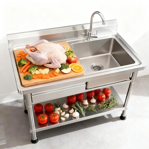 Heavy Stainless Steel Utility Sink Workbench, 40''W Outdoor Sink with Tool Drawer and Hot/Cold Pipes, Scratch-Resistant for Outdoor & Farmhouse Use, Kitchen