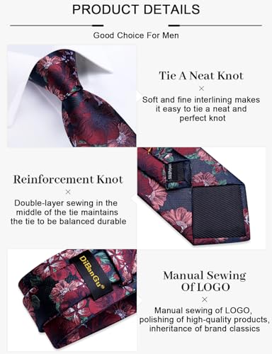 Image of DiBanGu Silk Floral Ties for Men Woven Paisley Necktie and Tie Clip Handkerchief Cufflinks Set for Party Wedding