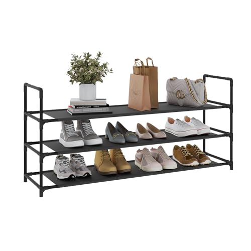 APICIZON シューズラック 靴箱 3段 靴棚 靴収納 スリム 玄関に靴を効率収納 12-15足 靴だな 省スペース 下駄箱 靴ラック 不織布 鉄パイプ 廊下 アパート用 (ブラック, 長さ93cm 幅さ28cm 高さ53cm)のサムネイル
