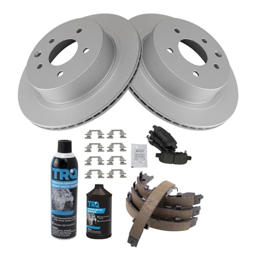 Image of TRQ Rear Brake Pad & Rotor Kit, with Chemical Kit Parking Brake Shoe Set Semi-Metallic Compatible with 2003-2005 Infiniti G35 Nissan 350Z
