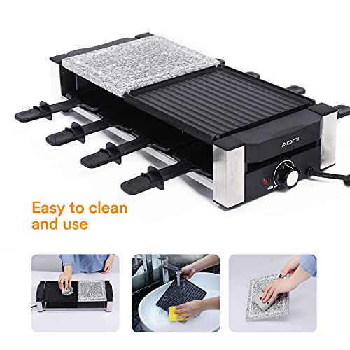 Plancha Grill AONI Raclette - Parrilla eléctrica de interior para barbacoa coreana - 2 en 1 con placa antiadherente extraíble y piedra para cocinar - Ideal para fiestas - 8 sartenes para fundir queso - 1200W