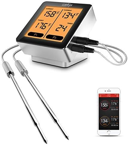 Wireless Meat Thermometer for Grilling, Comfyer Bluetooth Remote BBQ Grill Smoker Oven Turkey Frying Instant Read Cooking Thermometer w/Dual Long Probes, LCD Backlight, Timer Alarm for iPhone, Android