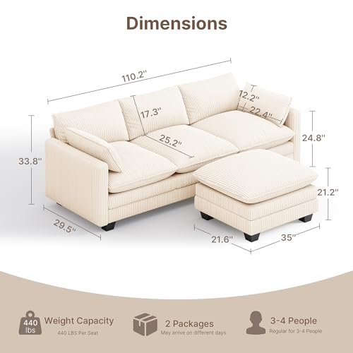 Image of Gizoon 110'' Oversized L Shaped Couch for Living Room, Cloud Couches with Washable Corduroy Cover, Modern 4-Seater Comfy Deep-Seat Sofa with Movable Ottoman and 2 Throw Pillows for Apartment, Beige