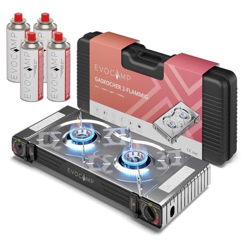 Gaskocher 2-flammig mit Piezoz&uuml;ndung - Campingkocher f&uuml;r Gaskartuschen MSF-1a 227g - Camping Gaskocher f&uuml;r Campinggaz - Campingkocher 2 flammig - Campinggaskocher - Camping Herd + 4 Gaskartuschen