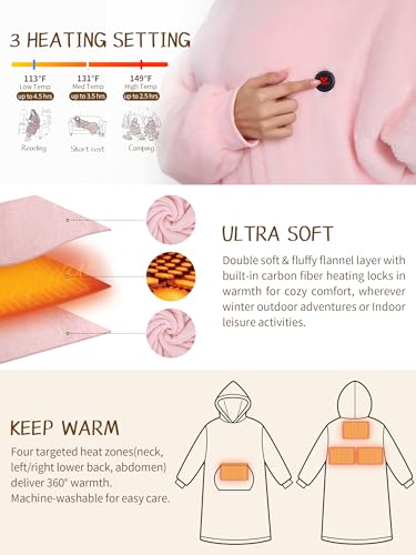Beheizte Hoodie Decke mit Ärmeln,Heizdecke mit Ärmeln Kabellos mit Akku,10000mAh,Geschenk für Frauen,Tragbare Decke zum Anziehen Erwachsene Kuscheldecke,Weihnachtsgeschenke für Freundin Mütter75*110cm