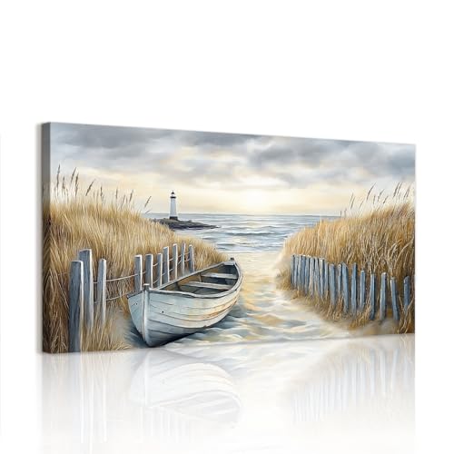 WENGTIAO Plage Côtière Grande Tableau Decoration Murale Encadré Toile Peinture Bateau Phare et Paysage Marin Decoration Murale Salon Maison Deco Bureau...