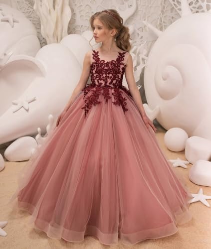 Lace Appliaue Flower Girl Dress Tulle Pageant Dress for Girls Long Sleeveless Princess Party Ball Gown2