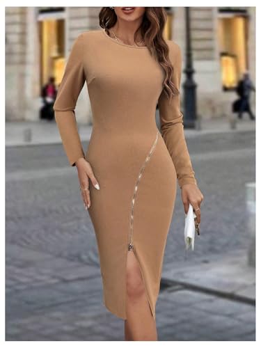 Image of SOLY HUX Women's Patchwork Leather Zipper Dress Crew Neck Long Sleeve Split Hem Elegant Bodycon Dress