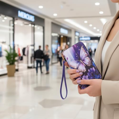 Image of Checkered Cow Print Wallet For Women Skull Goth Frog Butterfly Turtle Ladies Cluth Wristlet Wrist Strap Long Purse Zip Around Card Holder