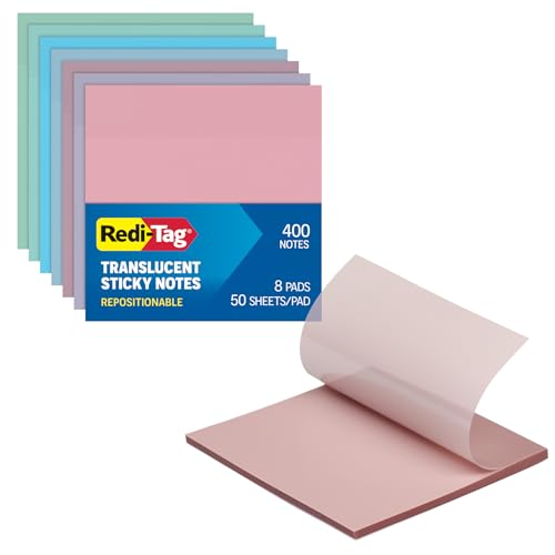 Redi-Tag Translucent Sticky Notes, Transparent Self-Stick Notes, 3' x 3', Pastel Colors, 8 Pads, 50 Notes Per Pad, 400 Sheets (1006595)