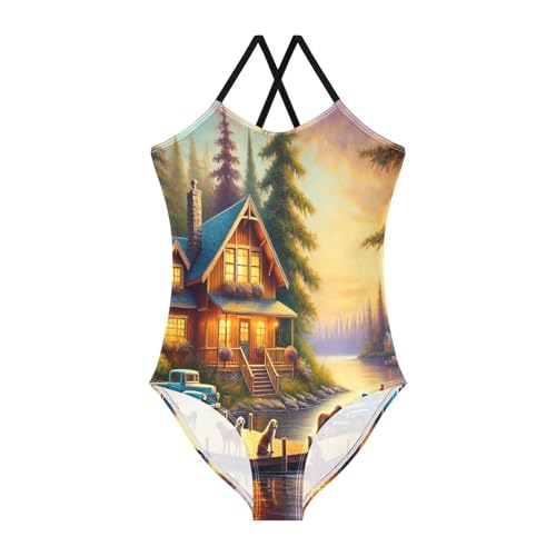 Wooden House Lake Swimsuit for Girls Bathing Suit Summer Beach One Piece Swimsuits Swimwear
