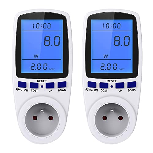 LUFEIS Prise Consommation Electrique, Compteur d'énergie Wattmètre Prise, Prise Compteur d'Énergie, Prise Wattmètre Numérique Consommation, avec rétro-éclairage Bleu FR Plug (2 Packs) Cover