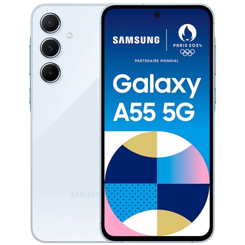 Samsung Galaxy A55 5G smartphone 128 Go bleu pour photos de voyage