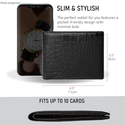 Image of HATA Men Leather Bifold Wallet RFID Blocking Front Pocket Exotic Billfold Handmade Gift For Birthday Wedding Anniversary Father's Day