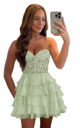 Sweetheart Short Homecoming Dress for Teens 2025 Chiffon Tiered Lace Strapless Corset Prom Cocktail Party Gowns