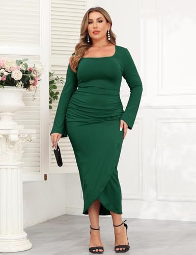 Image of ZOMVA 2024 Plus Size Cocktail Dress Comfortable Bell Sleeves Wedding Guest Square Neck Semi Formal