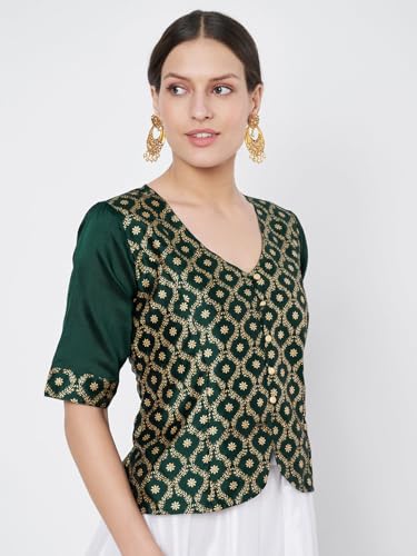 Image of studio rasa Women's Silk Blend Block Printed Button Down Readymade Top for Wedding Festive Party
