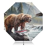 Paraguas plegable de viaje, compacto, negro, protección UV, UPF 50, paraguas de lluvia invertido automático con cubierta para sol y lluvia, oso marrón, río, montaña