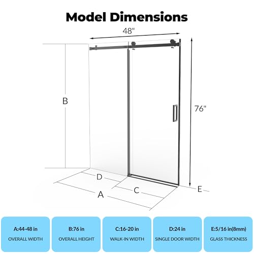 Image of Sliding Shower Door, 44-48 inch Wx76 inch H Glass Shower Door with Stainless Steel Frame, One Fixed One Sliding Panel, Matte Black, Ideal for Bathtub and Bathroom