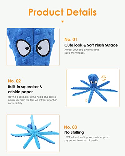 Hgb Squeaky Dog Toys, Octopus No Stuffing Crinkle Plush Dog Chew Toys For Puppy Teething, Pet Training And Entertaining, Durable Interactive Dog Toys For Puppies, Small, Medium, And Large Dogs, 2 Pack #TOP5