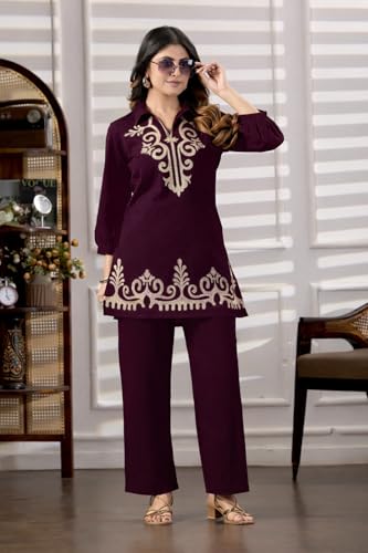 Image of Fashion Kurta Sets for Women | Co Ord Sets Stylish | Kurti Sets for Women | Short Kurti | Ethnic Embroidered Straight Kurta Sets with Pants Suits