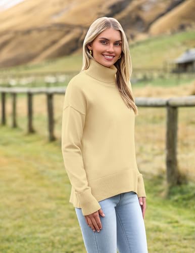 Image of Zeagoo Women's Turtleneck Sweater 2026 Fall Winter Chunky Knitted Pullover High Low Hem Trendy Basic Jumper Top Yellow