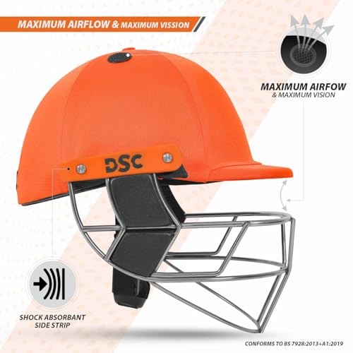 Image of DSC Empra Titanium BSI Approved Professional Cricket Helmet | BS7928 Certified Pro-Standard Hard Ball Helmet with Ultra-Light Titanium Grill & Advanced Shock Absorption | Color: Orange | Size: M